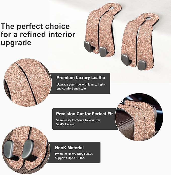 CoBak Purse Hook for Car - Universal Premium Stitched Leather and Aluminum-Magnesium Alloy Double Car Seat Back Storage Hook for Purses, Handbags, Bags (2 Pack),Glitter Rose