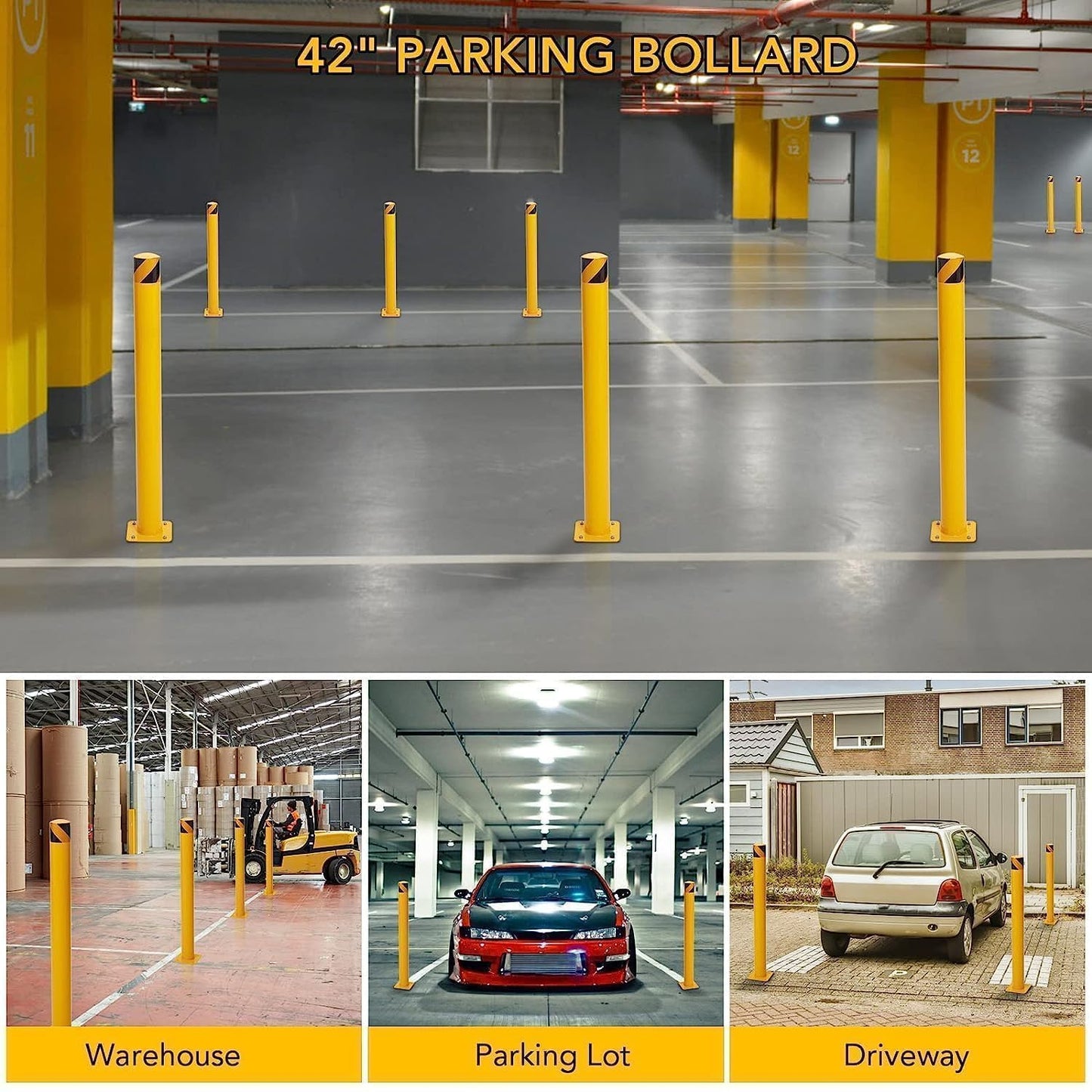 4-Pack Heavy Duty Safety Bollards, 42" Height, 4.5" Diameter Steel Pipe Bollard Post with 16 Anchor Bolts, High-Visibility Yellow Parking Bollard for Traffic Control, Warehouses, & Pedestrian Safety