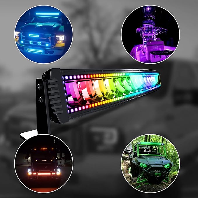 42" Curved RGB LED Light Bar 2X 4 Flood LED Pods with Chasing RGB Halo 16 Solid Colors Offroad Driving Fog Lights with Switch Wiring Harness