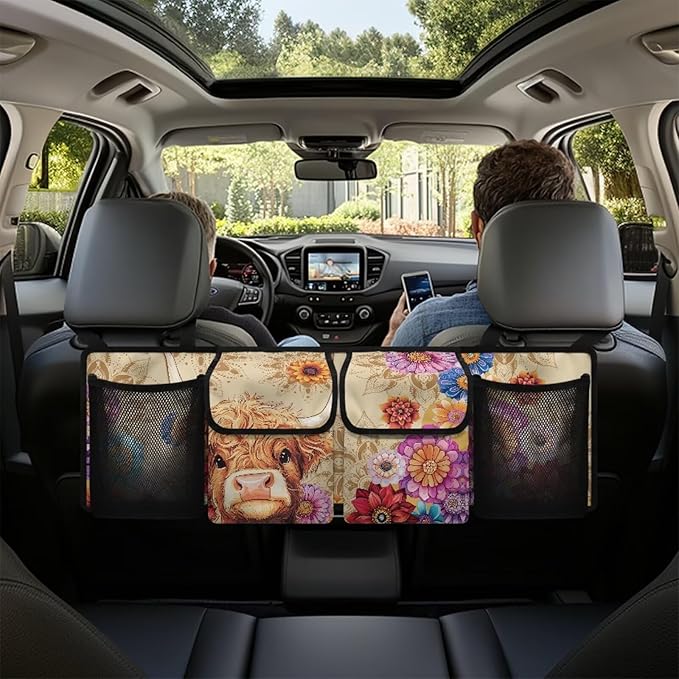 Cute Highland Cow Backseat Trunk Organizer for Car Boho Mandala Flowers Auto Hanging Seat Back Storage Bag Car Back Seat Organizer