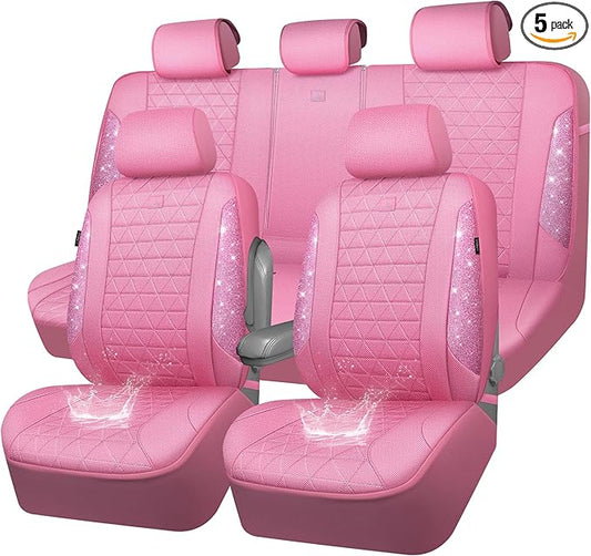 CAR PASS Pink Oxford Bling Diamond Car Seat Covers Full Set Interior Sets, Waterproof Shining Glitter Sparkly Crystal Universal Armrest Fit 95% Automotive Truck SUV Cute Women Girl, Pink Rhinestone