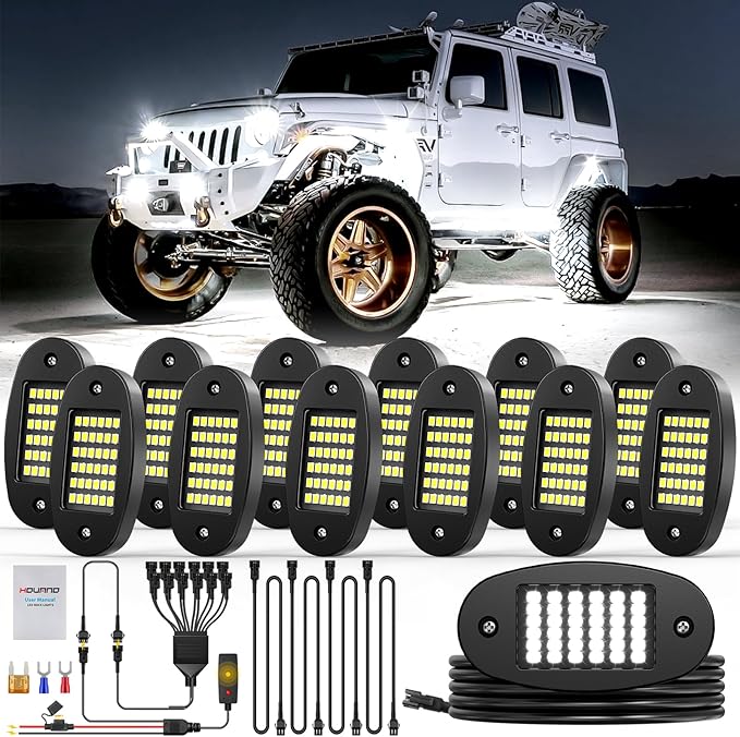 Hovano 12 Pods White Rock Light Kit with Wired Switch - 6500K Pure White LED Underglow, IP68 Waterproof, Super Bright 36 LEDs for Trailer Off Road SUV UTV ATV RZR Car