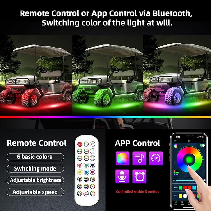 Roykaw Golf Cart LED Strip Lights, Underglow Neon Light Kit Compatible with EZGO/Club Car/Yamaha and Most Brands Golf Carts, Waterproof/LED Decorative Lights/Multi-Dynamic Modes, 12PCS