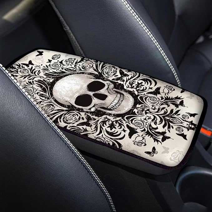 Dreaweet Gothic Skull Car Center Console Cover Universal Fit Scratch Resistant Arm Rest Cover for SUV Sedan Soft Comfort Armrest Cover Center Console Cushion Pad