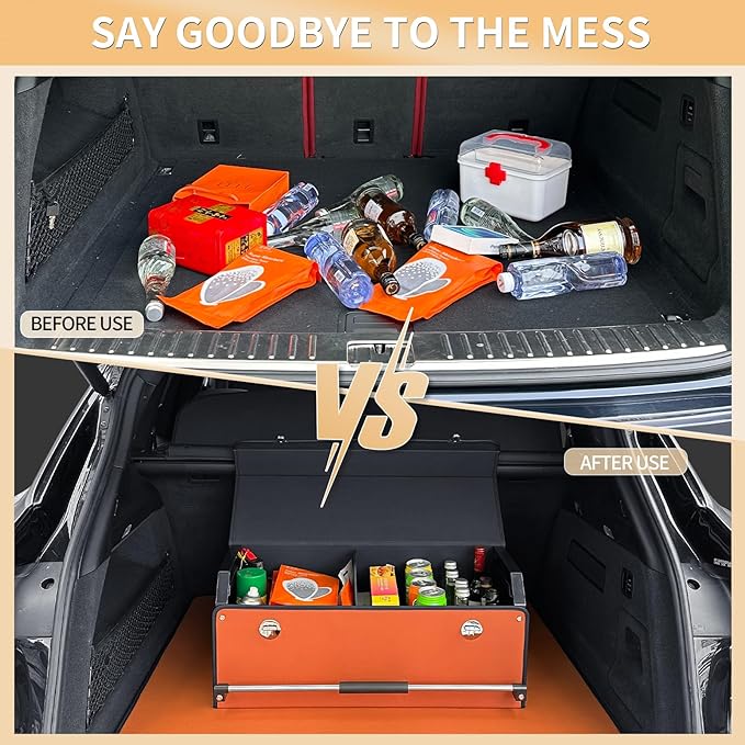XCF Car Trunk Organizer for SUV, Collapsible Leather Car Storage Trunk Organizer with Lid and Sturdy Handle Car Trunk Leather Storage Box (Orange, 27.1 x 11.4 x 12.2in)