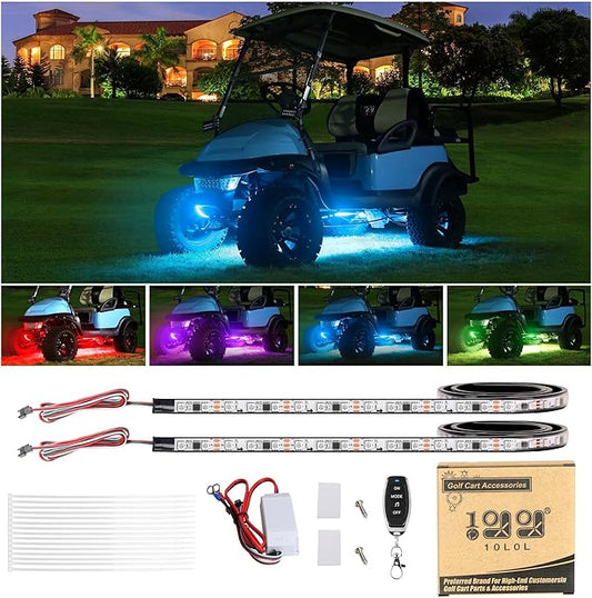 10L0L 2PCS Golf Cart Underglow LED Lights Kit for EZGO Yamaha Club Car, RGB Neon Accent Lighting 24 Modes with Wireless Remote & Music Sync, Waterproof Flexible Tubes 12V-80V Universal Fit