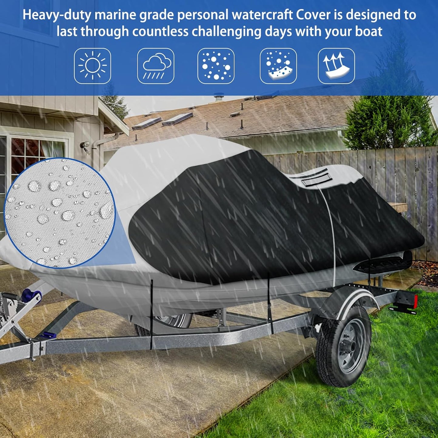 iCOVER Jet Ski Cover- Water Proof Heavy Duty Trailerable Personal Watercraft Covers for Seadoo Kawasaki Yamaha Wave Runner, Fits PWC Models Up to 135in Long