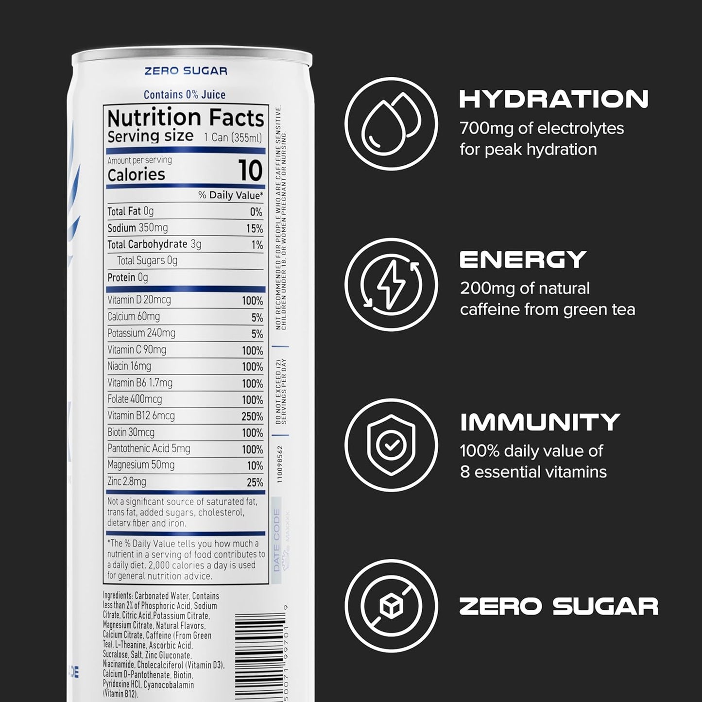 PHX Hydration Energy Drink - 700mg Electrolytes, 200mg Natural Green Tea Caffeine, 100% Daily Value 8 Essential Vitamins - 12 oz Cans (12 Pack) (12 Pack, Variety Pack)