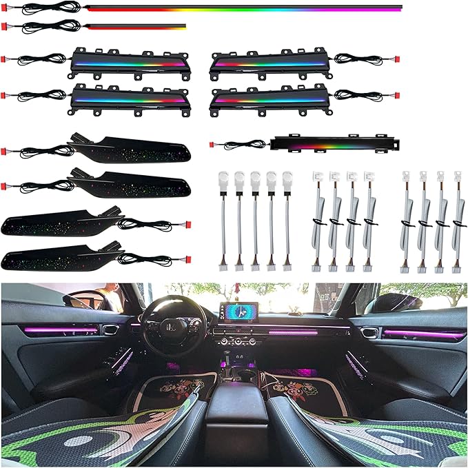Ambient Lighting Kit for 11th gen Honda Civic，Interior Car Neon Lights for 2022 2023 2024 2025 Civic, Button and APP-Controlled RGB LED Strip Lights