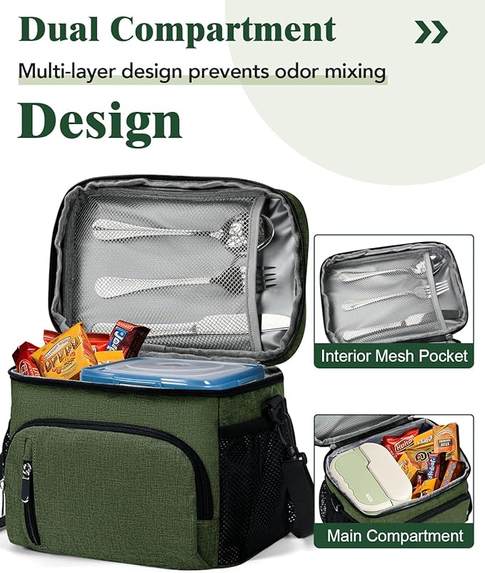 Insulated Lunch Bag for Men & Women, 9L Leakproof Lunch Box Soft Cooler Tote with 5 Pockets, 600D Oxford, EVA Lining, Adjustable Strap for Work, Picnic, Beach&Travel-Green