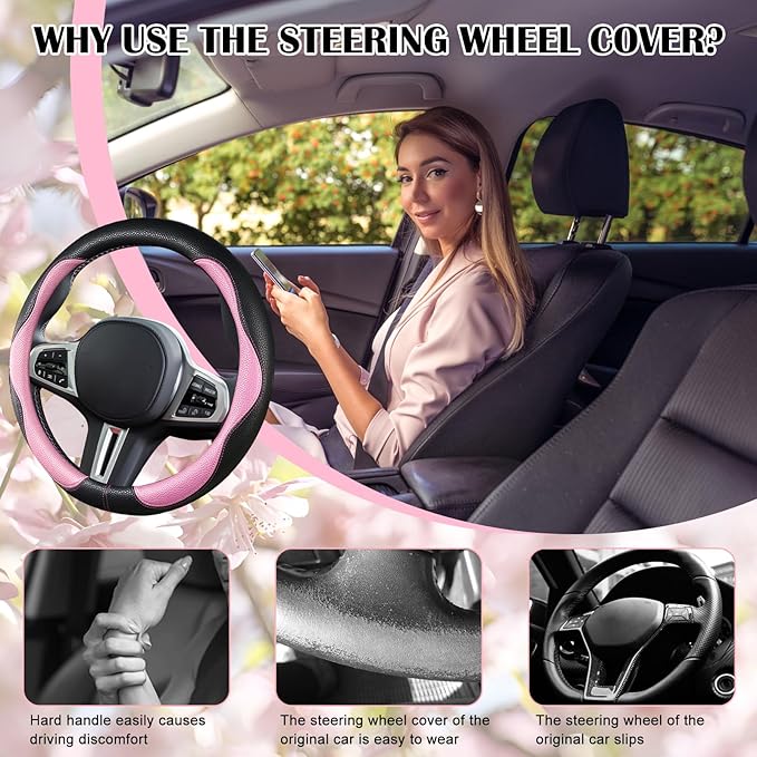 SuperKaKa Car Steering Wheel Cover 2025, Universal Auto PU Cute Breathable Slip-Proof Comfort Imitation Leather Protector Cars Interior Accessories for Women Men Fit Most Vehicle (Pink)
