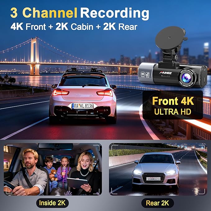 4K+2K+2K 3 Channel Dash Cam Front and Rear with 128GB Card, Dash Camera for Cars 5.8G/2.4G Dual WiFi, Built-in GPS, Night Vision, WDR, 170°Wide Angle, Emergency Lock, 24H Parking Monitor, Deep Black