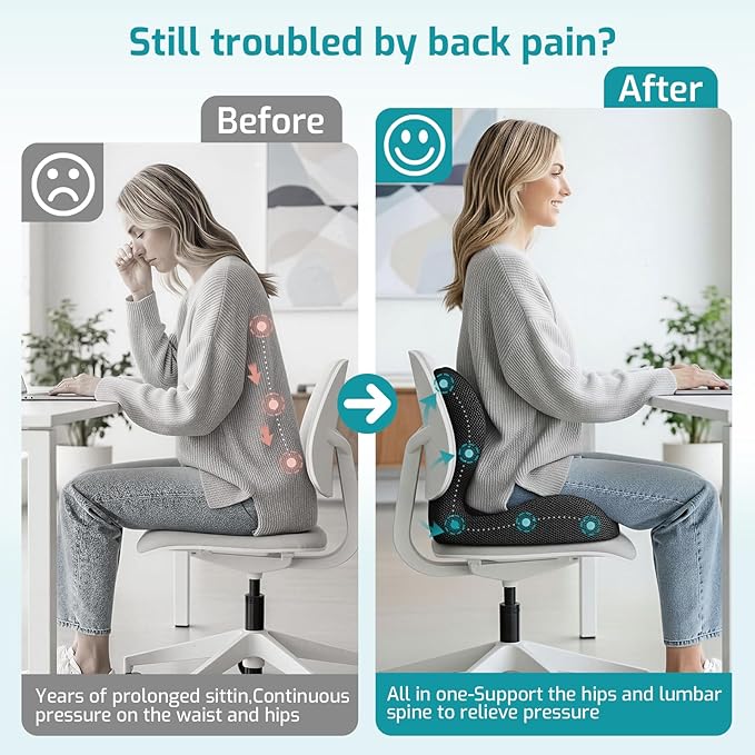 Ergonomic Seat Cushion,Office Chair Cushion with Lumbar Support Pillow,Car Orthopedic Seat Cushions,Designed for Sciatica,Tailbone,Back Pain Relief,for Office,Car,Truck,Home,Desk Chair