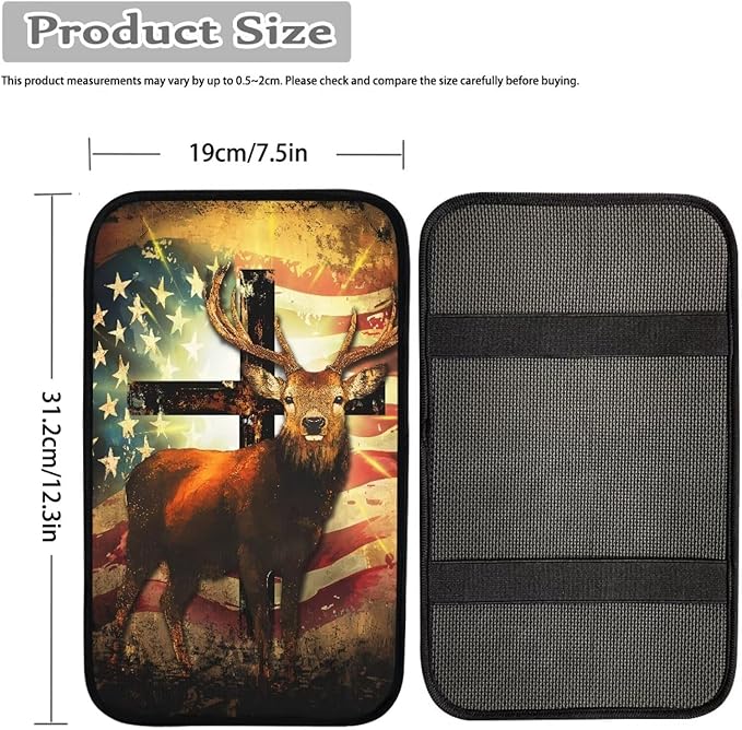 Suobstales Deer Cross American Flag Print Car Armrest Pad Soft Center Console Arm Rest Protector Cover Universal Car Interior Accessories Decoration