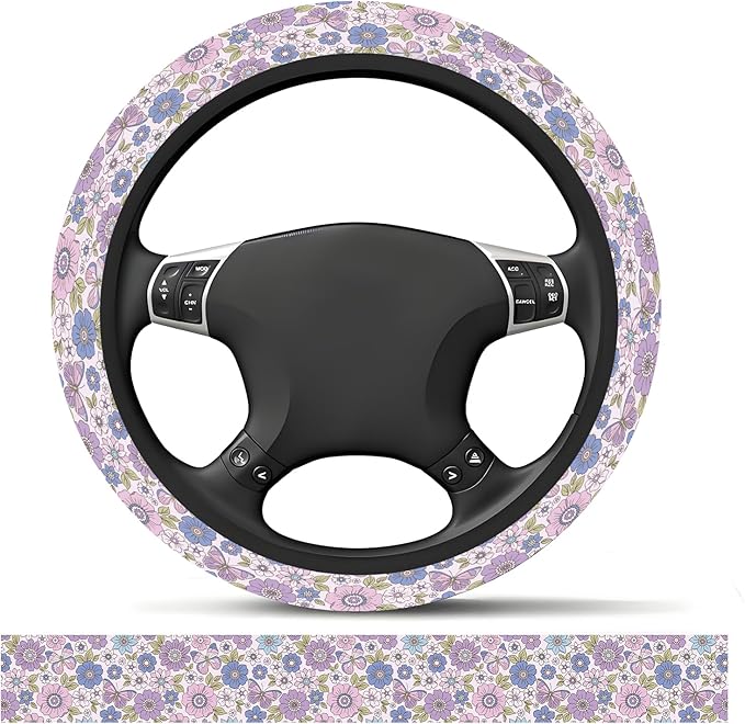 Elastic Car Steering Wheel Cover, Universal 15 inch Non-Slip Breathable Neoprene Steering Wheel Protector, Car Accessories for Women Men Fit Auto, Suvs, Truck Purple Flowers