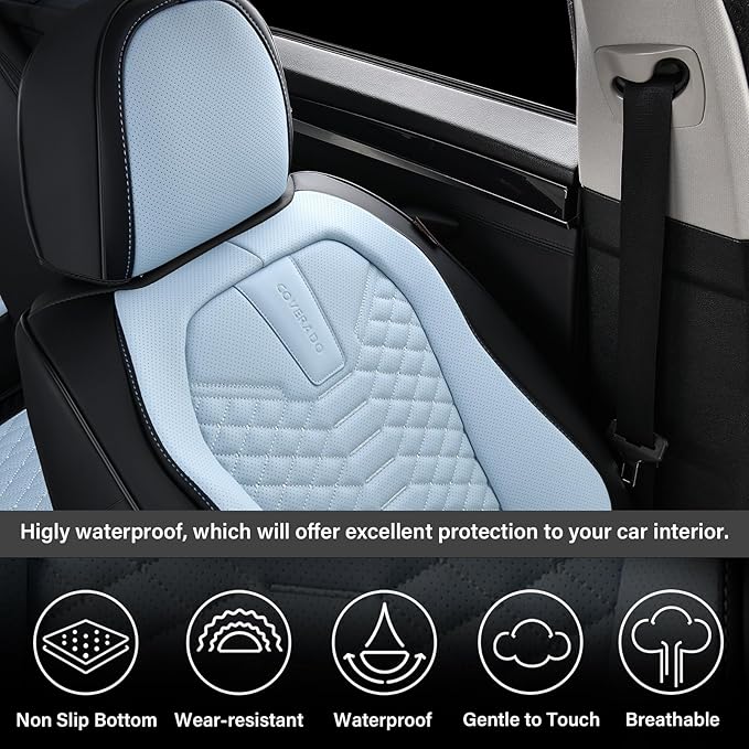 Coverado Leather Seat Covers, Car Seat Covers Full Set, Waterproof Nappa Leather Car Seat Cover, Car Seat Protectors 5 Seats, Black & Blue Automotive Seat Covers Fit for Most Cars Trucks