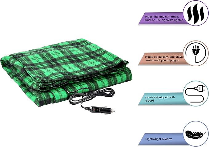 Heated Blanket - 12-Volt Electric Blanket for Car, Truck, SUV, or RV - Portable Winter Car Accessories for Camping or Travel by Stalwart (Green and Black Plaid)