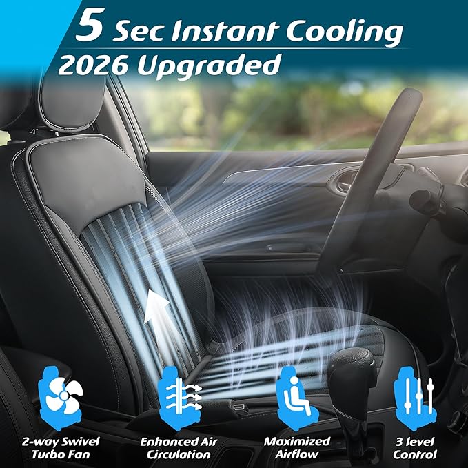 Paffenery 2026 Upgraded Cooling Car Seat Cover Front Seat, 12V-24V Ventilated Cooling Car Seat Cushion, Cooled Seat Cover for Car SUV Truck Universal Fit, Midnight Black