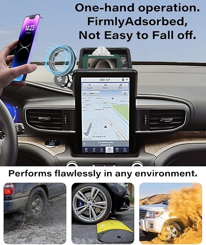 Car Phone Holder for 2019 2020 2021 2022 2023 2024 Ford Explorer Accessories Apply to 10.1 in Screen Fixed Clip Magnetic Cell Phone Mount 360 Degree Rotation with Dashboard Storage Tray