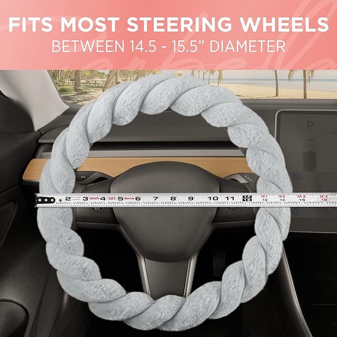 Carbella Twisted Fur Gray Steering Wheel Cover, Standard 15 Inch Size Fits Most Vehicles, Fuzzy Fluffy Car Steering Cover with Soft Faux Fur Touch, Car Accessories for Women