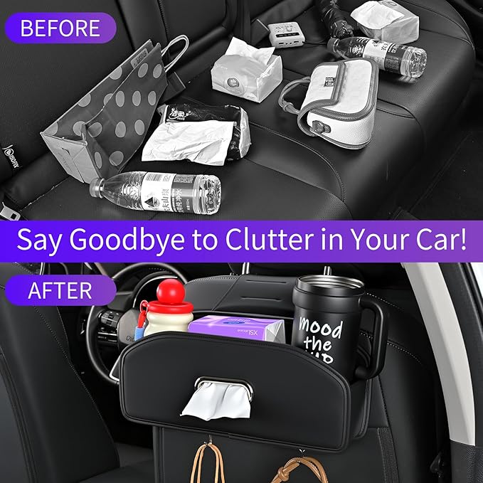 Backseat Seat Car Organizer, Multifunctional Adjustable Car Organizers and Storage, Universal Car Seat Organizer, Car Tissue Organizer with Cup Holder, Black