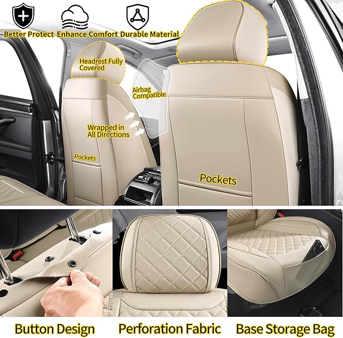 Chezope Leather Seat Covers, Beige Car Seat Covers Front Pair, Breathable Car Seat Protectors, Wear-Resistant Car Accessories, Universal Fit for Most Cars,SUVs Truck (Beige-Diamonds, Front Pair)