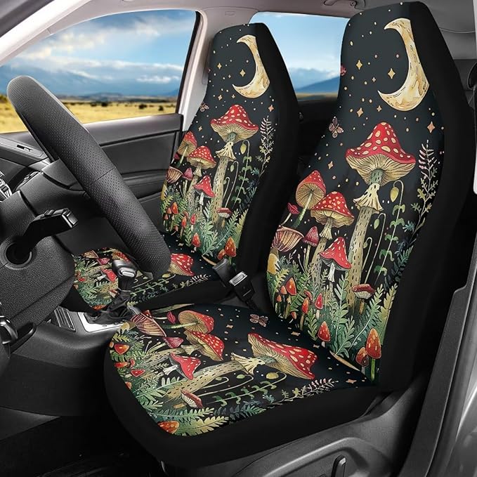 BIGCARJOB Mushroom Print Car Seat Cover Set for Front Seat Only,Moon Star Mushroom Print Auto Front Seat Protector Full Set Car Interior Accessories,Universal Fit