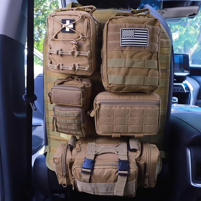 Universal Tactical Seat Back Organizer Vehicle Molle Panel Organizer Storage Bag with 5 Detachable Molle Pouch for All Vehicel Such as Jeep,Truck,SUV, Car, Ford,Chevy etc