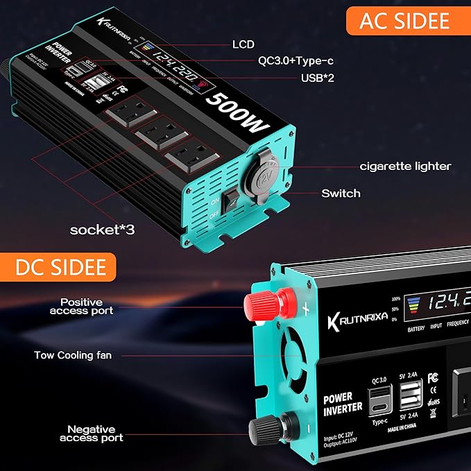 500W Power Inverters Peak 1000W 12V DC to 110V AC Converter for Vehicles USB-C/PD 25W Fast Charging Ports Car Charger Adapter with a Cigarette Lighter Ports Plug Outlet