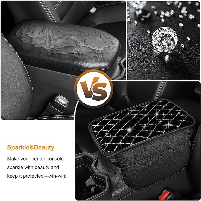 Bling Armrest Cover for Car Compatible with Jeep Cherokee Compass Gladiator Liberty Patriot Renegade Wrangler - Center Console Cover with 2 Storage Pockets and Crystal Diamond(Black)
