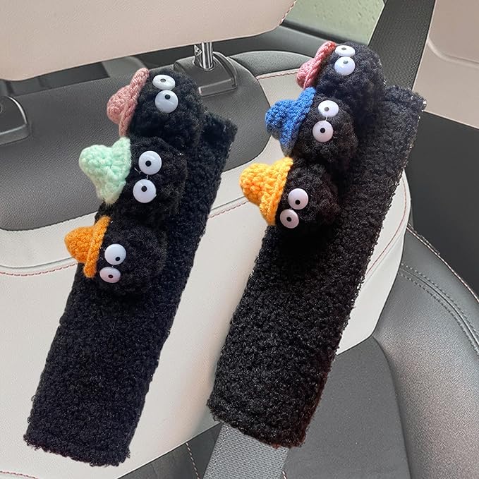Car Headrest Pillow & Steering Wheel Cover Set with Cute Big-Eyed Black Travel Neck Support Pillow Fur Car Interior Accessory (Safty Belt Cover 2PCS)