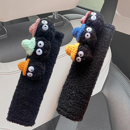 Car Headrest Pillow & Steering Wheel Cover Set with Cute Big-Eyed Black Travel Neck Support Pillow Fur Car Interior Accessory (Safty Belt Cover 2PCS)