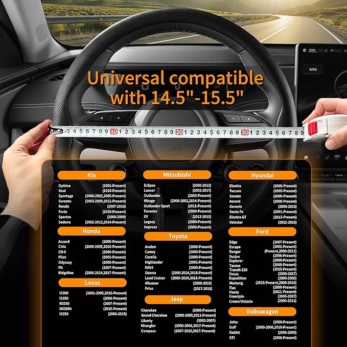 Nappa Leather Steering Wheel Cover, Universal 15 Inch Snap On Car Steering Wheel Cover for Men/Women, Comfortable & Breathable Microfiber Car Accessories Interior (Black)