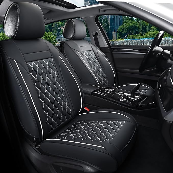 Car Seat Covers Front Pair,Universal Fit for Most Cars,SUV,Sedans and Pick-up Trucks,Automotive Faux Leather Vehicle Cushion Covers(Front Pair,Black/White)