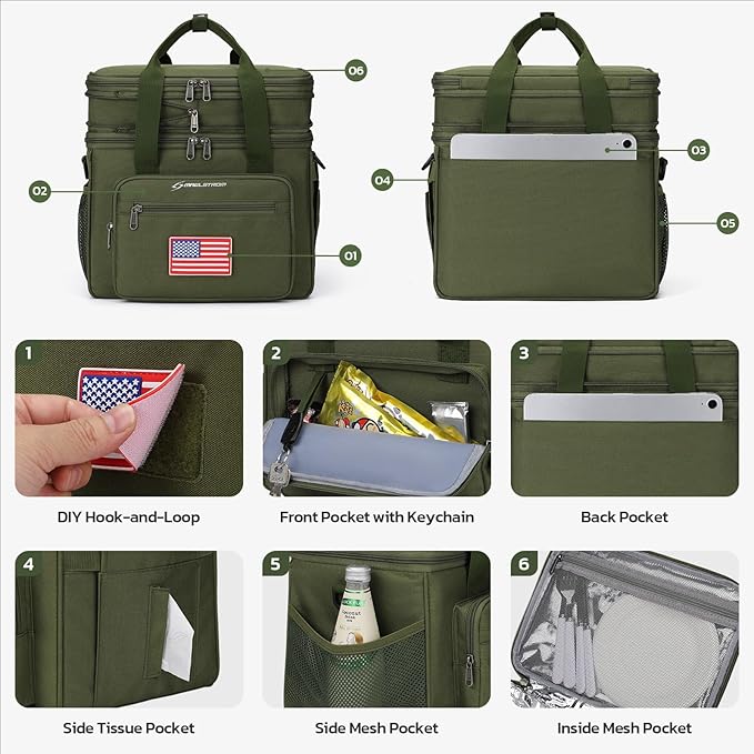 Maelstrom Lunch Box, 23L Insulated Lunch Bag, Expandable Double Deck Cooler Bag, Lightweight Leakproof Tote Bag With Side Tissue Pocket, Suit For Men and Women (G.Army Green with DIY Hook-and-Loop)