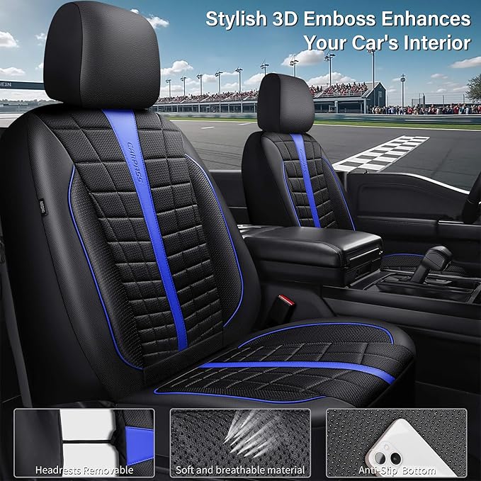 CAR PASS 3D Foam Mesh Black Blue Leather Car Seat Covers Full Set,Breathable Premium Leather Seat Covers for Car,Anti Slip Universal Fit for Trucks Cars Sedans Vans SUVs,Airbag Compatible,Black Blue