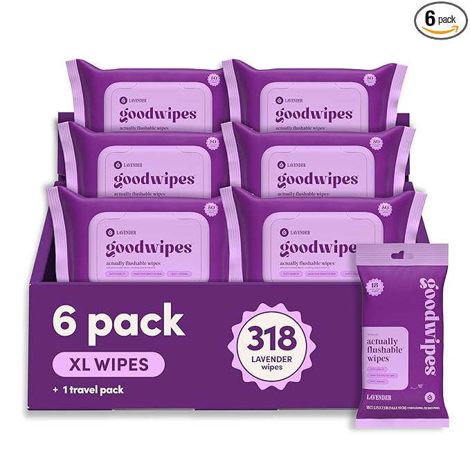 goodwipes Flushable Butt Wipes - Vitamin E & Aloe - Sewer & Septic Safe - Extra Large Adult Wet Wipes For Women & Men - Bathroom Essentials - Lavender, 318 Count (6 Packs + 1 Travel)