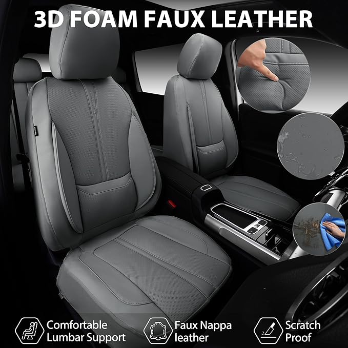 CAR PASS Nappa Leather Seat Covers Full Set, 3D Foam Faux Leather Car Seat Covers with Lumbar Support, Water Resistant Grey Seat Covers Car seat Cover Universal Fit for Cars SUV Truck Vehicles, Gray