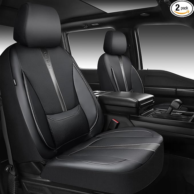 CAR PASS Nappa Leather Seat Covers Front, 3D Foam Support Water Resistant Faux PU Gray Leather Car Seat Covers 2 Pcs, Comfort & Universal Fit for Cars SUV Truck Most Vehicles (Black and Gray)
