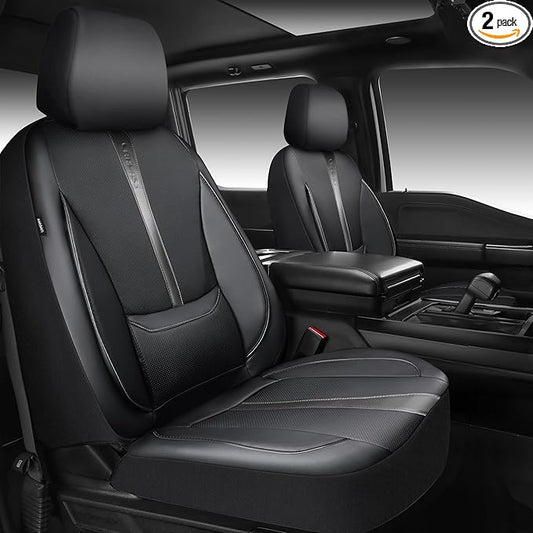 CAR PASS Nappa Leather Seat Covers Front, 3D Foam Support Water Resistant Faux PU Gray Leather Car Seat Covers 2 Pcs, Comfort & Universal Fit for Cars SUV Truck Most Vehicles (Black and Gray)