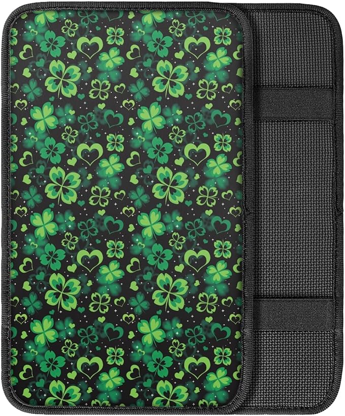 UNICEU St Patrick's Day Decor Automobile Interior Decor Lucky Green Leaf Print Armrest Cover for Women, Soft Car Center Console Armrest Protector Cover Pad