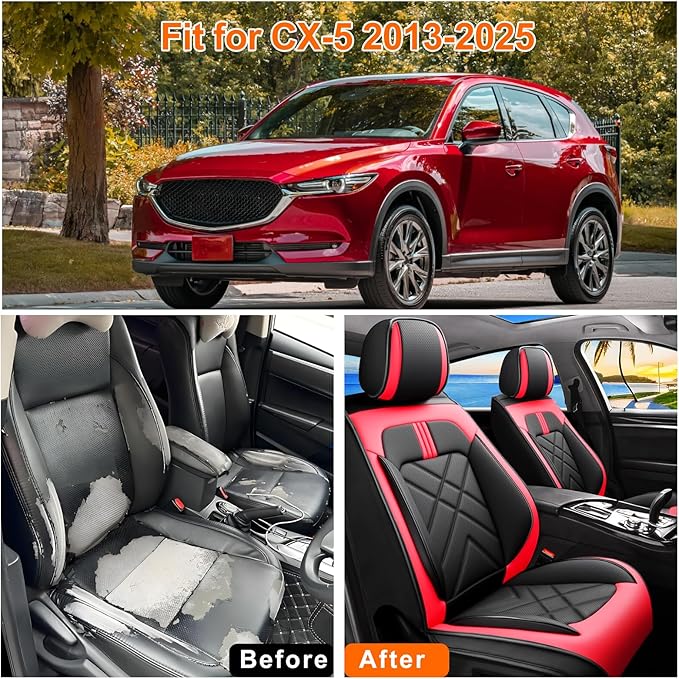 CX-5 Seat Covers Custom Fit for Mazda CX-5 2013-2025 2026, Full Coverage Leather Waterproof Breathable Seat Covers, Automotive Seat Protectors, Airbag Compatible(Full Set Seats, Red & Black)