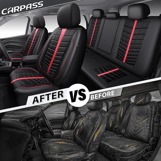 CAR PASS Leather Mesh Car Seat Covers Full Set, 3D Foam Breathable Luxury Mesh Leather Seat Covers Full Set, Universal Fit for Cars Trucks SUV, Airbag Compatible, Anti Slip Seats 5 Black Red