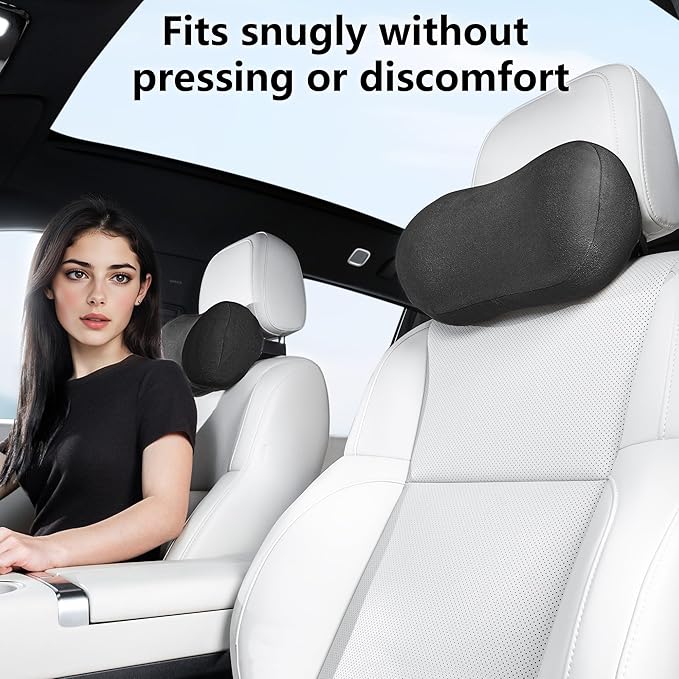 Car Neck Pillow Ergonomic Design Memory Foam Softness Car Headrest Pillow for Neck Support Cushion for Driving, Universal Fit Head Rest Travel Pillow, Fits All Vehicles, Black, 2 Pack