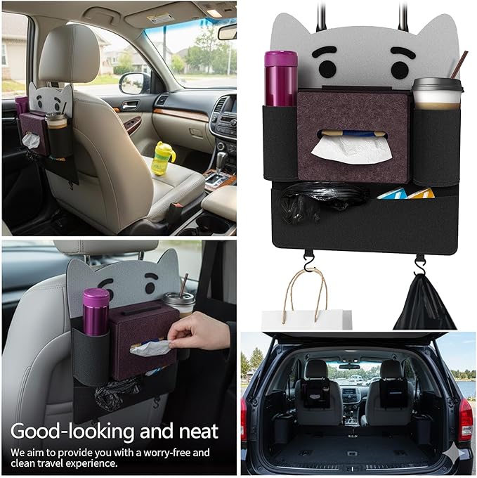 Backseat Car Organizers Felt Storage Box Hanging Storage Pocket Auto Travel Essentials Accessories for Kids & Adults, Universal for Most Cars With 2 Detachable animal-face