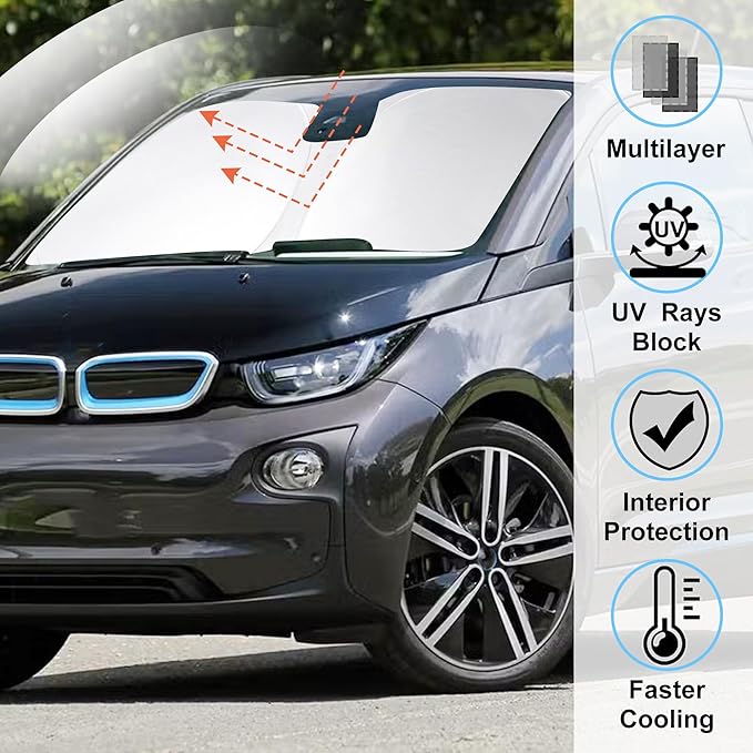 Windshield Sun Shade Custom Fit for 2014-2022 BMW i3 Accessories Foldable Sunshade Sun Blocker Protect Car from Sun Rays & Heat Damage Keep Car Cooler