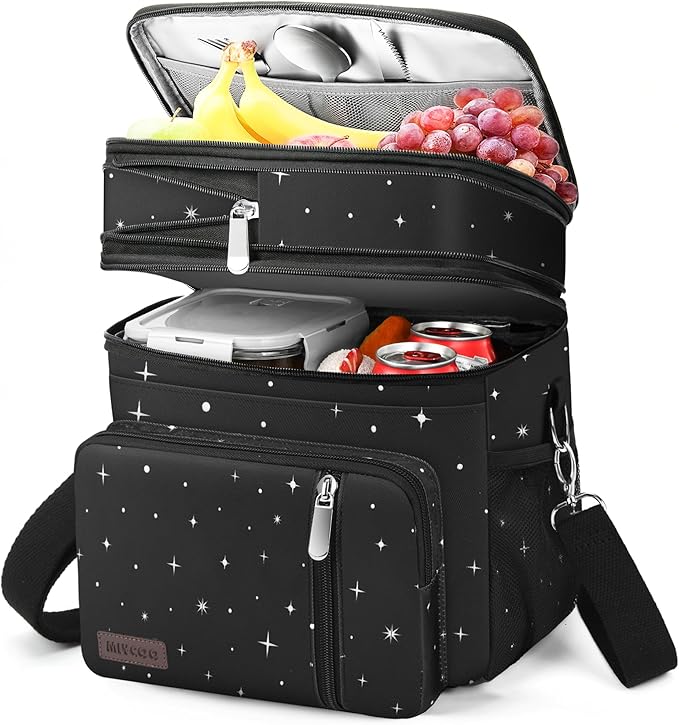MIYCOO Lunch Bag & Lunch Box for Women Men, Double Deck Leakproof Insulated Soft Large Adult Camping Cooler bag for Work, Beach, Picnic, Travel (Black Starry Sky, 15L)
