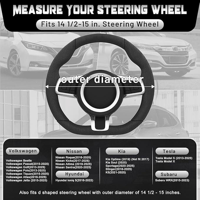 SEG Direct Flat Bottom Steering Wheel Cover, D Shaped Car Wheel Cover 14 1/2-15 in. (37-39 cm), Black Gray Microfiber Leather