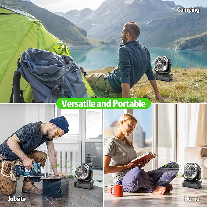 AddAcc 20000mAh Rechargeable Camping Fan - Battery Operated Fan with Light & Remote, Auto Oscillating, 4 Timer, 60 Hrs Work Cordless Tent Fan for Travel Outdoor RV Garage Power Outage Emergency