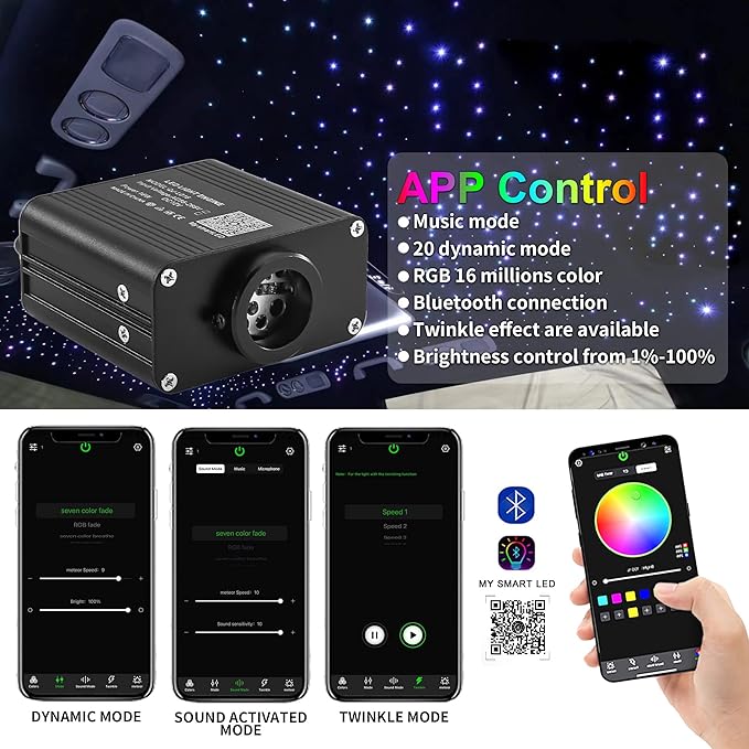 ATOKEE 16W Compact Size Fiber Optic Light Box for Starlight Headliner, Twinkle & Music Mode, Control by Bluetooth App/RF Remote Control, Car Plug & Power Adapter, PG Connector & 3 Drill Bits